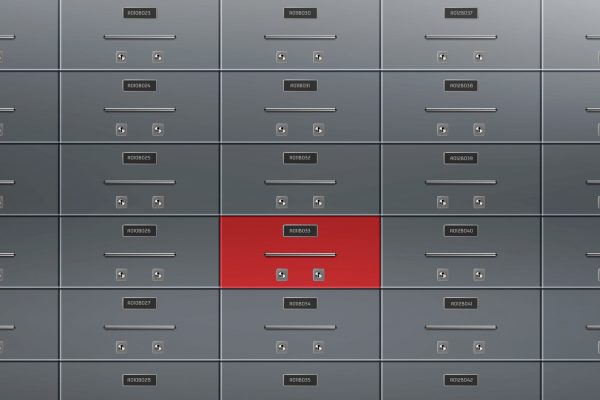 Individual deposit safe boxes wall with number plates, tandem keyholes on steel doors illustration. Bank vault for valuable, confidential documents, money secure saving 3d realistic vector background