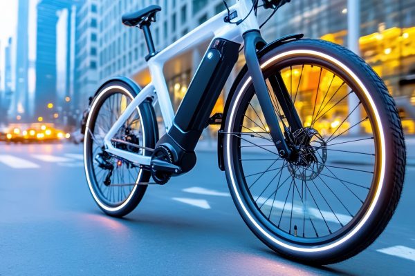 Sleek electric bike with glowing wheels stands city street, showcasing modern design